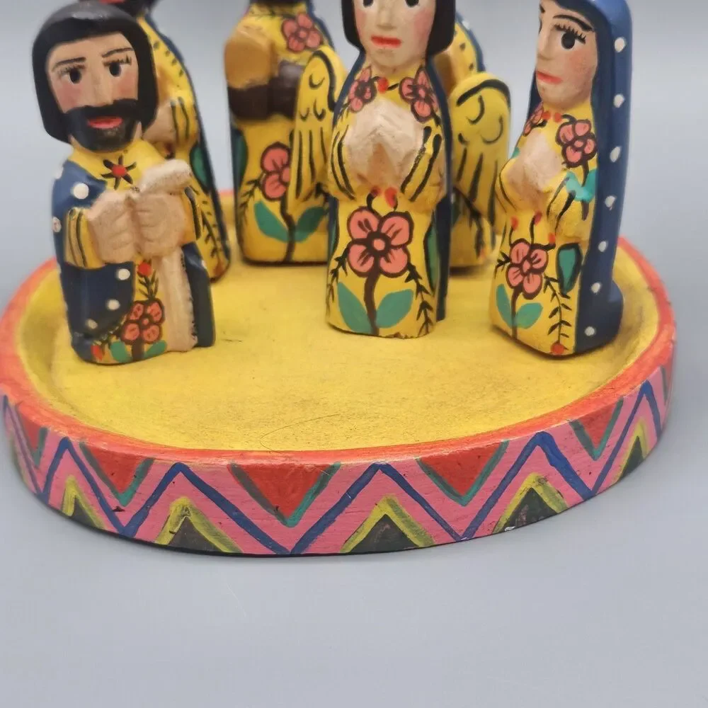 Handpainted Wooden Nativity Set Folk Art Colorful Table Piece Handcarved Mexico